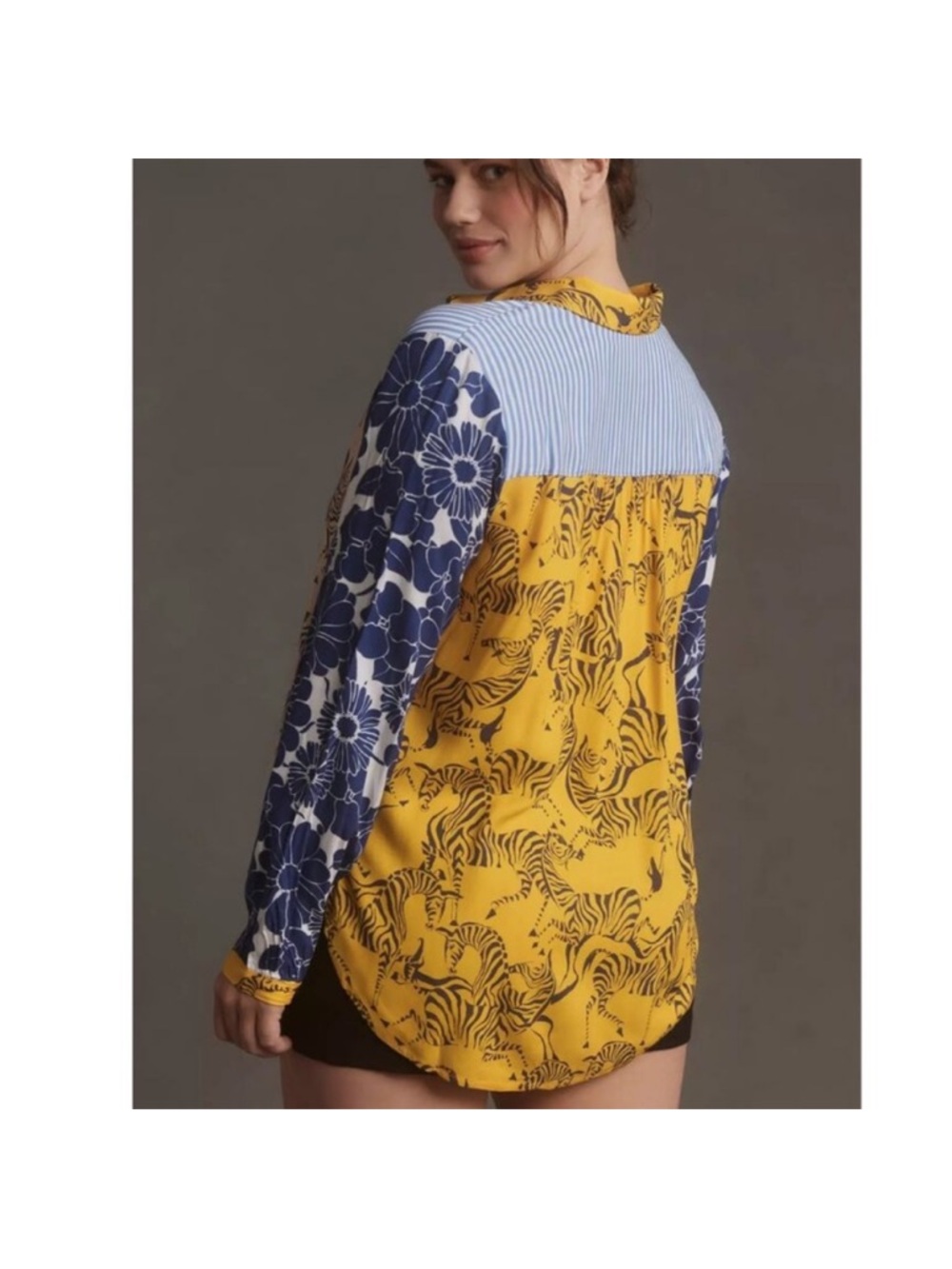 Maeve Anthropologie The Paz Button Down Patchwork Zebra Print Blue Yellow Shirt - Picture 3 of 10